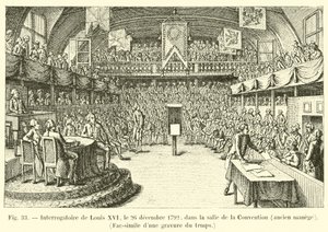 Lajos kihallgatása 1792. december 26-án a Salle de la Conventionben, egykori lovarda, fakszimile egy akkori metszetről alkotó: French School