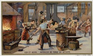 Vas és acél. Egy forgalmas kovácsműhely belseje (chromolitho) alkotó: French School