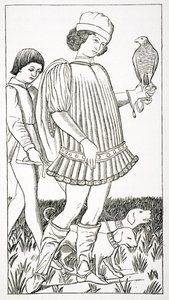 Olasz nemes, aki sólymot tart, egy rézbe vésett játékkártya után, 1460 körül, Paul Lacroix (1806-84) 1847-ben megjelent „Le Moyen Age et La Renaissance” című művéből alkotó: French School
