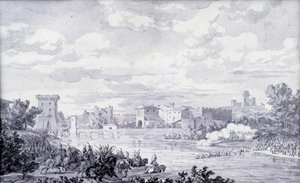 Olasz vidék: 1796-ban a francia hadsereg a Mincio folyón át Borghetto felé haladt. Névtelen rajz. Párizs, Louvre Múzeum alkotó: French School