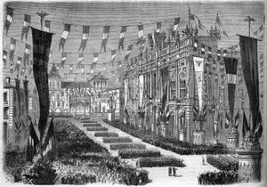 Olasz egyesülés, Torino, 1860. április 2.: a vártér (Piazza Castello) díszítése az olasz parlament megnyitása alkalmából. Metszet a „” Le Monde Illustré”” 157. számában, 1860. április 14. alkotó: French School