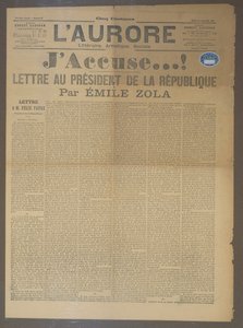 Emile Zola (1840-1902) vádlevele, megjelent LAurore-ban, 1898. január 13. (nyomtatott) alkotó: French School