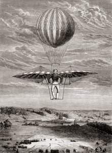 Jacob Degen 1808-as ornitoptere szárnyszelepekkel, amelyben a pilóta egy merev vázon állt, és a szárnyakat egy mozgatható vízszintes rúddal működtette, a "Les Merveilles de la Science" című, 1870 körül kiadott műből (litográfia). alkotó: French School