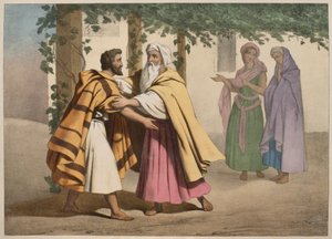 Jákob Lábánnal és lányaival, illusztráció az LHistoire Sainte katekizmusból, Charles Delagrave kiadó, Párizs, 19. század vége alkotó: French School