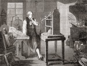 James Watt a glasgow-i műhelyében Thomas Newcomen 1712-es Newcomen gőzgépén javított Watt gőzgépével 1781-ben, a Les Merveilles de la Science, pub.1870. alkotó: French School