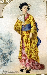 japán nő. A párizsi litográfia kiadása, 19. század vége. 25 reklámkrómból álló sorozat a dijoni Pernot keksz gyártásához, 1869-ben. A karakterek részlete népviseletben alkotó: French School