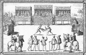 Jarnac puccsa: Guy Chabot de Jarnac és Francois de Vivonne de la Chataignerie párbaja a Saint-Germain-en-Laye-i bíróság előtt alkotó: French School