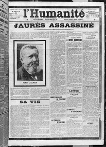 Jaurest meggyilkolták, LHumanite-ból, 1914. augusztus 1-jén (fotoliter) alkotó: French School