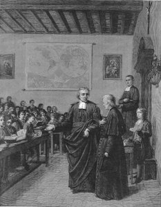 Jean Baptiste De La Salle (Jean-Baptiste) 1651-1719 francia vallású, a keresztény iskolák testvérei gyülekezetének alapítója, egyik iskoláját megmutatta M de La Chetardie-nak. Metszet a 19. század végéről. alkotó: French School