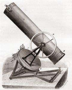 Jean Bernard Léon Foucault tükröt tükröző teleszkópja egy egyenlítői hegyen, egy 19. századi rajz után, a Les Merveilles de la Science-ből, 1870 körül megjelent (metszet) alkotó: French School