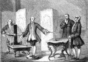 Jean JALLABERT (1712-1768), svájci fizikus elektrolitot fedez fel éles tárgyakon (FRANKLIN: Power of the Pointe). metszet 1867 alkotó: French School