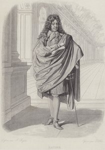 Jean Racine, francia drámaíró a versailles-i Tükörcsarnokban (metszet) alkotó: French School