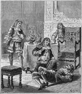 Jean de SANTEUL (Santeuil) (1630-1697) megmérgez egy pohár borral, amelybe spanyolországi dohányt tettek – Alexis Clerc „Mindenki számára elérhető tudományok – fizika és kémia” vésése – 19. század vége – Magángyűjtemény alkotó: French School
