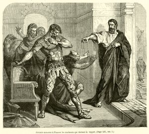 Jeremie bejelenti Phassurnak azokat a szerencsétlenségeket, amelyek miatt rappelni kell (metszet) alkotó: French School