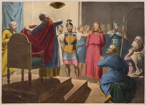 Jézus Krisztus Kaifás előtt, illusztráció egy LHistoire Sainte katekizmusból, Charles Delagrave, Párizs, 19. század vége