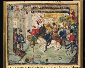 Jeanne of Arc (1412-31) bejelenti Orléans felszabadítását VII. Károlynak (1403-61) Loches-ban alkotó: French School