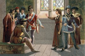 Jeanne of Arc érkezett Chinonba, akit VII. Károly (1403-1461) elismert, aki az udvaroncok tömegében volt, Franciaország és a felszabadított Orléans leendő királya. alkotó: French School