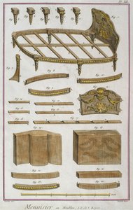Asztalos, heverő, Denis Diderot (1713-84) Encyclopedie des Sciences et Metiers illusztrációja, Robert Benard (fl.1734) metszete, 1770 körül megjelent (színes metszet) alkotó: French School