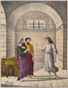 József a börtönben a főpék és a főkomornyik álmait magyarázza, illusztráció az LHistoire Sainte katekizmusból, Charles Delagrave kiadása, Párizs, 19. század vége alkotó: French School