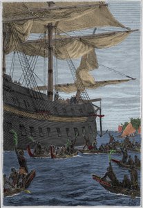 Samuel Wallis (1728-1795) utazása Polinéziába: az őslakosok banánágakat tartanak a kezükben üdvözlésképpen – az illusztráció a „18. századi nagy tengerészek” című könyvből vett. alkotó: French School