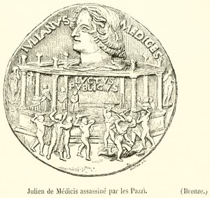Giuliano de Medicit meggyilkolták a pazzik, bronz (metszet) alkotó: French School