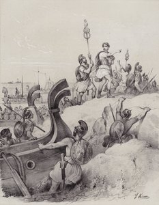 Julius Caesar és a rómaiak partraszálláskor Kentben, első brit inváziójuk során, ie 55-ben (litho) alkotó: French School