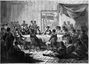 I. Ranavalo Manjaka királynőt képviselő francia tisztek és madagaszkári főnökök kabar (találkozója) (Ranavalona). Madagaszkár alkotó: French School