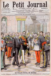 XIII. Alfonz spanyol király bemutatja udvarát Emile Loubet francia elnöknek a madridi királyi palotában. A madridi királyi palotában. XIII. Alfonz spanyol király bemutatja az udvar méltóságát Loubet köztársasági elnöknek alkotó: French School