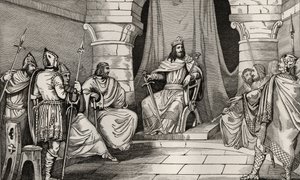 Charibert király (521-67) tanácsban a magisztrátusokkal, Colart „Histoire de France” c. 1840 alkotó: French School