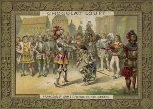 I. Károly francia királyt Chevalier de Bayard lovaggá ütötte az 1515-ös marignánói csata után alkotó: French School