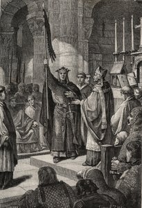VII. Lajos király (1120-1180) átveszi a Szent Dénes-bazilika (Szent Denis) oriflame-jét Aquitánia Alienor királynéja jelenlétében, és átveszi III. távozása előtt alkotó: French School