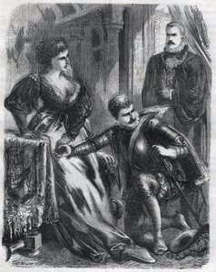 II. Fülöp király (1527-1598) meglepi fiát, Don Carlos herceget (1545-1568), aki megpróbálja megsérteni anyósát (mostohaanyját), Erzsébet királynőt (1545-1568) (Francia Erzsébet vagy Valois-i Izabella) , január 17 alkotó: French School