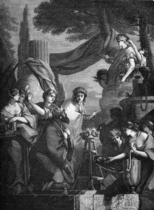 Salamon király (Kr. e. 10. század) ágyasaitól körülvéve. Dr. Th. „A prostitúció és a kicsapongás története a világ összes népe között az ókortól napjainkig” vésése. -F. Debray. 1879. alkotó: French School
