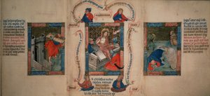Királyok 5 f.20 A feltámadás, Sámson betöri Gáza kapuit, Jónás menekül a bálnától, a Biblia Pauperumból, 15. század eleje (vellum) alkotó: French School