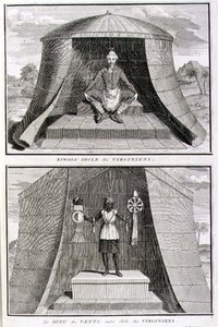 Kiwasa és a szelek istene, a virginiaiak bálványai, illusztráció a „Vallási szertartások és szokások” című könyvből, metszett: Bernard Picart (1673-1733) 1721 (metszet) alkotó: French School