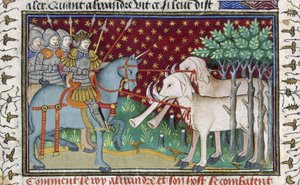 Elefántokra támadó lovagok a „Shrewsbury Talbot Book of Romances”-ből, 1445 körül (vellum) alkotó: French School