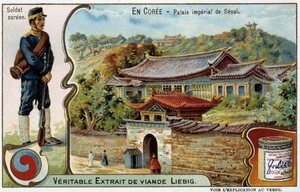 Korea: Szöuli császári palota és katonajelmez – Liébig chromo, v.1900 alkotó: French School