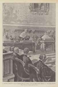 A Dreyfus-ügy a párizsi kasszában Ballot-Beaupre felolvassa a jelentését (litho) alkotó: French School