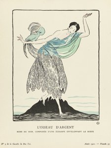 Az Ezüst Madár. Estélyi ruha, amely a La Gazette du Bon Ton, kocsma mellszobrát körülölelő sálból áll. 1914 (sablonnyomat) alkotó: French School