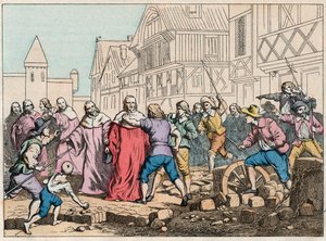 La Fronde (1648. augusztus 27.) - Barikádok Párizsban: egy rotorfiú a parlament elnökét, Mathieu Mole-t (1584-1656) fenyegeti - Mole elnököt felkelők bántalmazzák - 19. század végi metszet a „” Nos Gires Nationales-ban” Images et reci alkotó: French School