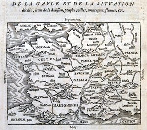 Gallia, folyói és hegyei – François de Belle Forest „Univerzális kozmográfia a világ végén” című könyvében, szerk. Sonnius, Párizs alkotó: French School