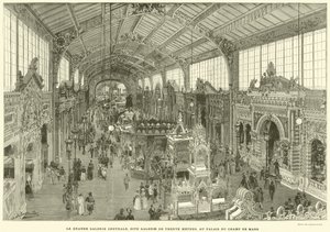 A Nagy Központi Galéria, amelyet Harmincméteres Galériának hívnak, a Palais du Champ de Marsban (metszet) alkotó: French School