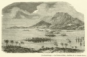 Guadeloupe, La Pointe-a-Pitre, Grande-Terre fővárosa, részben elpusztult az 1843. február 8-i földrengésben (metszet) alkotó: French School