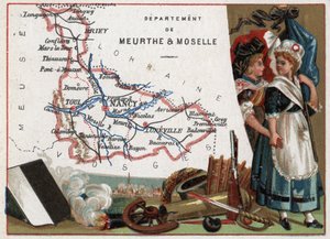 La Meurthe et Moselle (Meurthe-Et-Moselle, 54), Lotaringia, Franciaország. Két forradalmár nő portréja. Sorozat a francia minisztériumokról. Kromolitográfia (Chromo) „” a földrajzi szál””, 1920 körül. Magángyűjtemény. alkotó: French School
