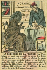 La Riche de la France, amely a harmadik köztársaságnak a franciák személyes meggazdagodására gyakorolt hatását mutatja be. Metszet, a "Le Figaro, melléklet" című párizsi lapban, 1889. március 30-án. alkotó: French School
