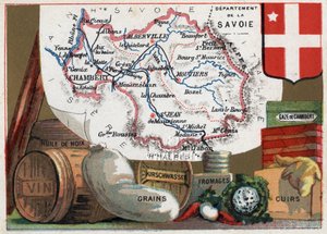 La Savoie (73), Rhone Alpes (Rhone-Alpes), Franciaország. Sorozat a francia minisztériumokról. Helyi specialitások: dióolaj, bor, gabonafélék, kirschwasser (kirsch), sajt, kamarás géz és bőr. Kromolitográfia (Chromo) „a földrajzi szál”, 1920 körül. P alkotó: French School