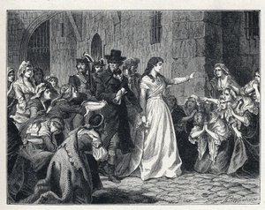 La Terreur a francia forradalom idején: Madame Jeanne Marie Roland de la Platiere (1754-1793) elhagyja a Concierge börtönt, hogy a Forradalmi Bíróság elé álljon 1793-ban. Kodetenujai az útjába térdelnek. alkotó: French School