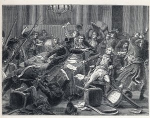 La Terreur a francia forradalom idején: Maximilian de Robespierre (1758-1794) letartóztatása és támogatói találkoztak a Hotel de Ville de Paris-ban II. Thermidor év 9-én (1794. július 27-én). A központban egy csendőr pisztolyt lőtt Robespierre-re (1758-179 alkotó: French School