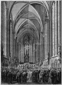 A Szentlélek mise, a párizsi Sainte Chapelle-ben, a magisztrátus visszatérése alkalmából, 1863. november 3-án. Metszet a "Le Monde Illustre" 343. sz.-ban, 1863. november 7.. alkotó: French School