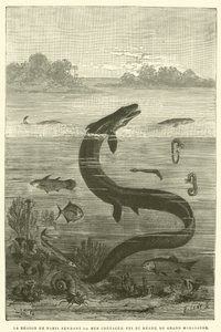 Párizs régiója a kréta-tenger idején, a nagy mosaaurusz uralkodásának vége (metszet) alkotó: French School